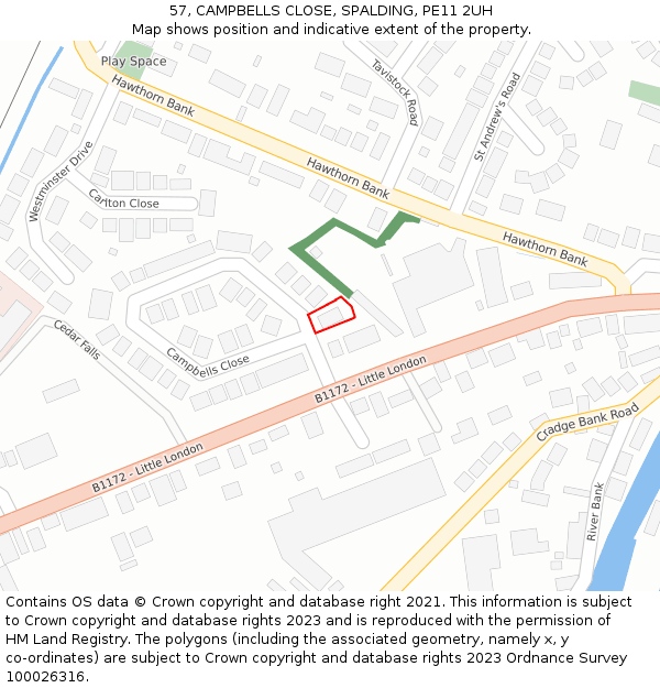 57, CAMPBELLS CLOSE, SPALDING, PE11 2UH: Location map and indicative extent of plot