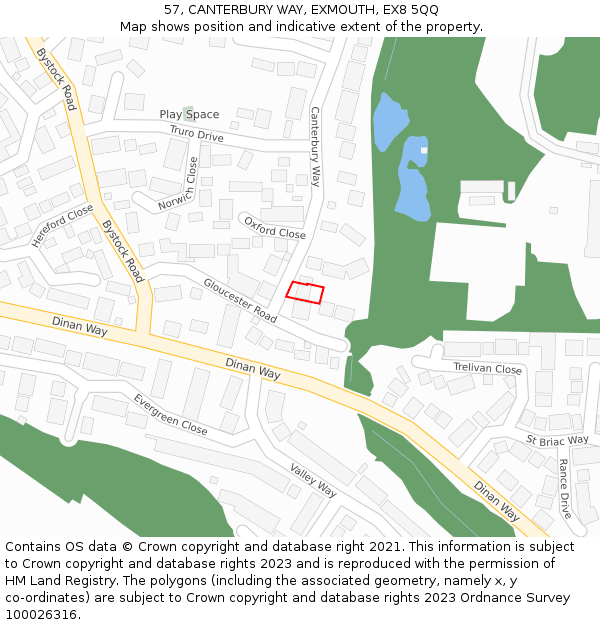 57, CANTERBURY WAY, EXMOUTH, EX8 5QQ: Location map and indicative extent of plot