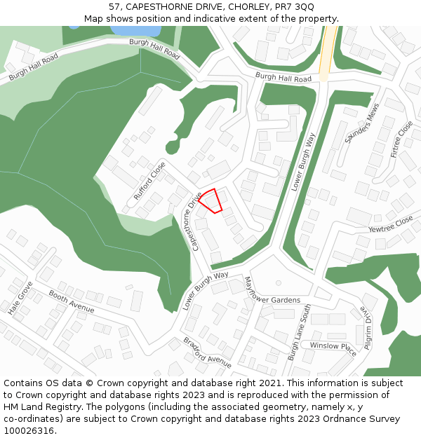 57, CAPESTHORNE DRIVE, CHORLEY, PR7 3QQ: Location map and indicative extent of plot