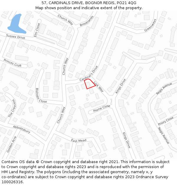 57, CARDINALS DRIVE, BOGNOR REGIS, PO21 4QG: Location map and indicative extent of plot