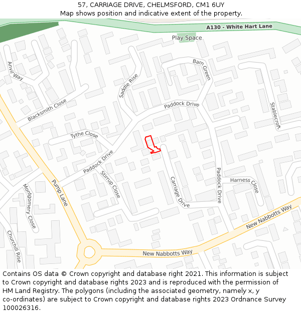 57, CARRIAGE DRIVE, CHELMSFORD, CM1 6UY: Location map and indicative extent of plot