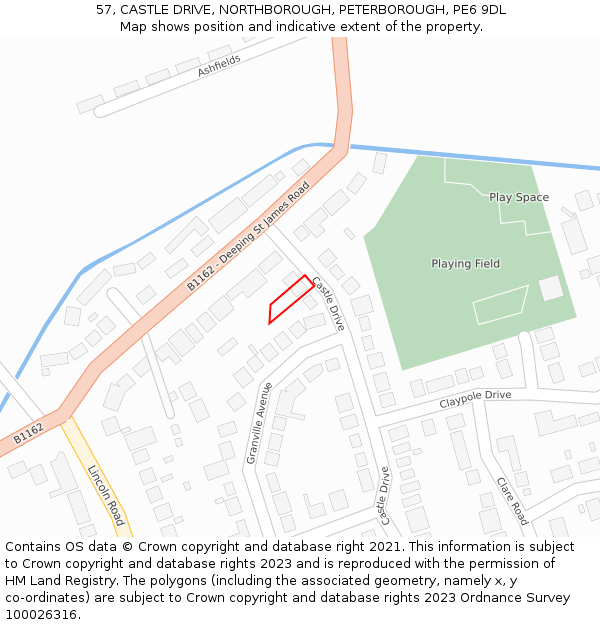 57, CASTLE DRIVE, NORTHBOROUGH, PETERBOROUGH, PE6 9DL: Location map and indicative extent of plot