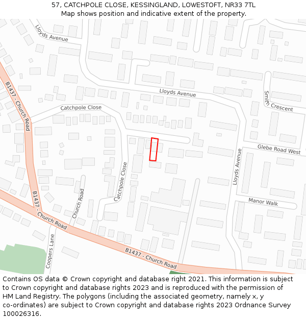 57, CATCHPOLE CLOSE, KESSINGLAND, LOWESTOFT, NR33 7TL: Location map and indicative extent of plot