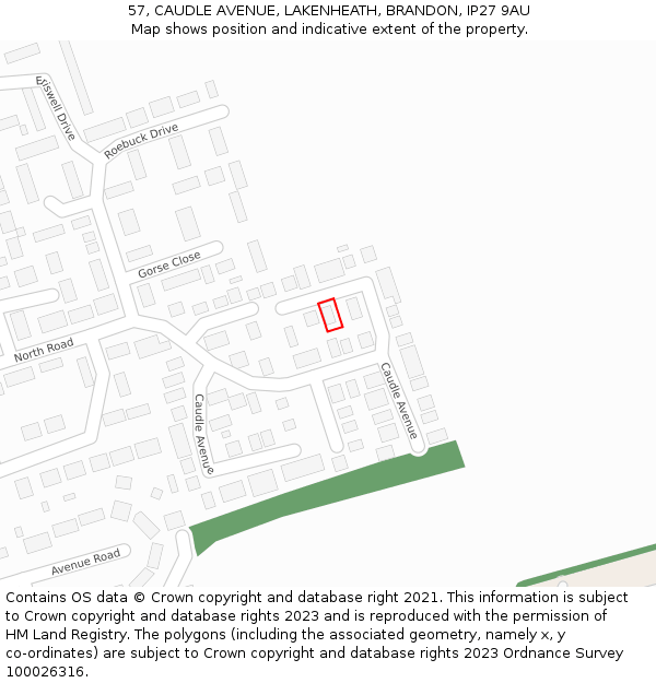 57, CAUDLE AVENUE, LAKENHEATH, BRANDON, IP27 9AU: Location map and indicative extent of plot