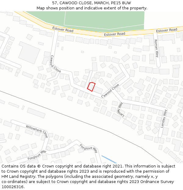 57, CAWOOD CLOSE, MARCH, PE15 8UW: Location map and indicative extent of plot
