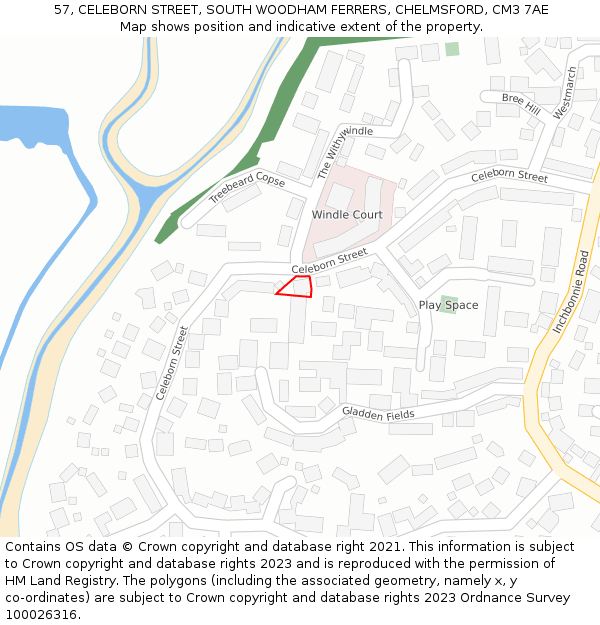 57, CELEBORN STREET, SOUTH WOODHAM FERRERS, CHELMSFORD, CM3 7AE: Location map and indicative extent of plot