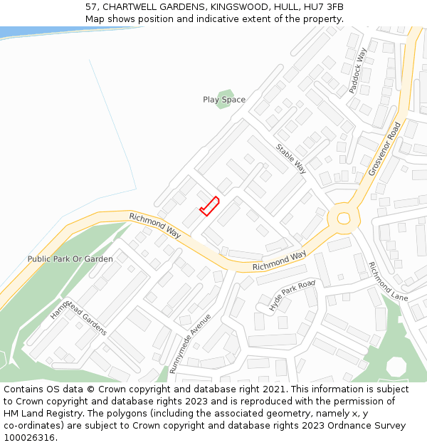 57, CHARTWELL GARDENS, KINGSWOOD, HULL, HU7 3FB: Location map and indicative extent of plot