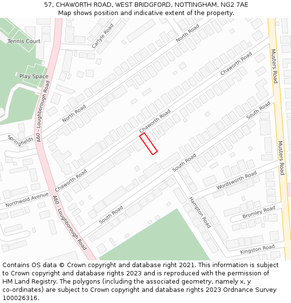 57, CHAWORTH ROAD, WEST BRIDGFORD, NOTTINGHAM, NG2 7AE: Location map and indicative extent of plot