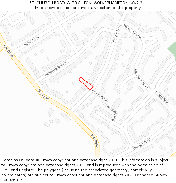 57, CHURCH ROAD, ALBRIGHTON, WOLVERHAMPTON, WV7 3LH: Location map and indicative extent of plot