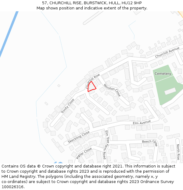 57, CHURCHILL RISE, BURSTWICK, HULL, HU12 9HP: Location map and indicative extent of plot
