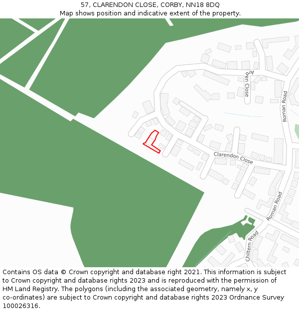 57, CLARENDON CLOSE, CORBY, NN18 8DQ: Location map and indicative extent of plot