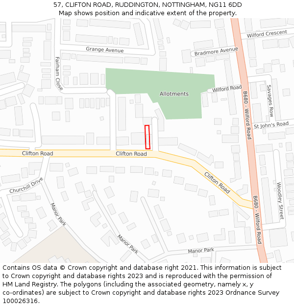 57, CLIFTON ROAD, RUDDINGTON, NOTTINGHAM, NG11 6DD: Location map and indicative extent of plot