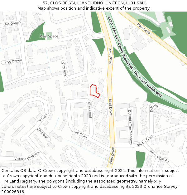 57, CLOS BELYN, LLANDUDNO JUNCTION, LL31 9AH: Location map and indicative extent of plot