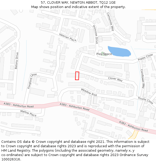 57, CLOVER WAY, NEWTON ABBOT, TQ12 1GE: Location map and indicative extent of plot