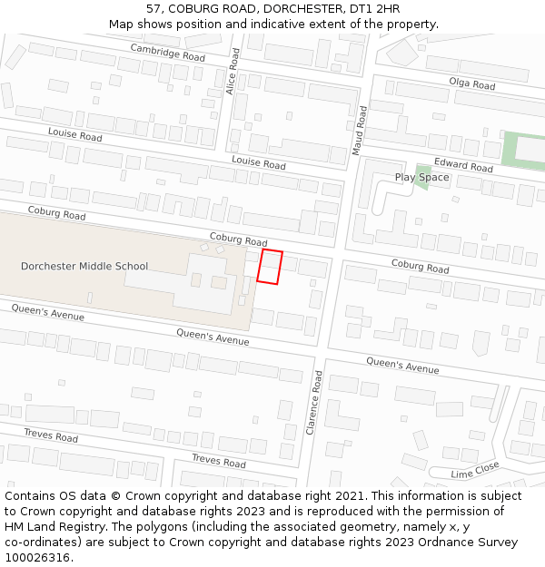 57, COBURG ROAD, DORCHESTER, DT1 2HR: Location map and indicative extent of plot