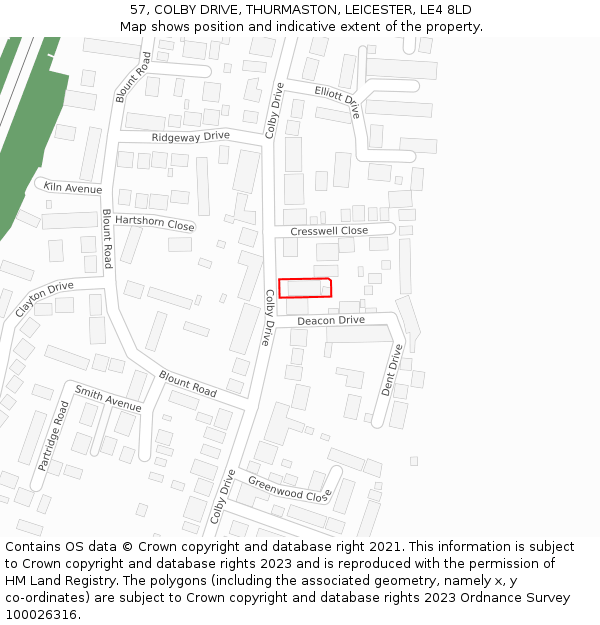 57, COLBY DRIVE, THURMASTON, LEICESTER, LE4 8LD: Location map and indicative extent of plot