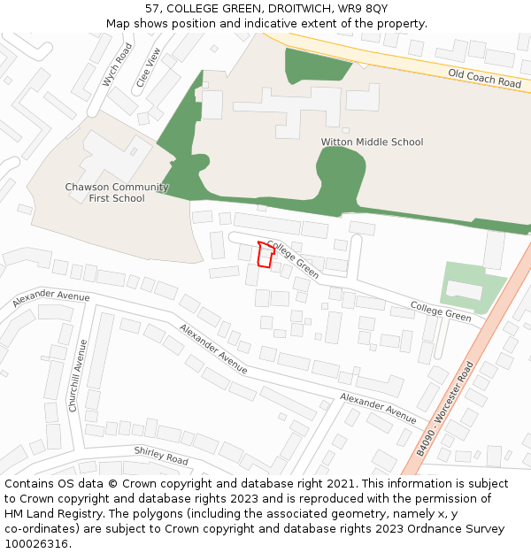 57, COLLEGE GREEN, DROITWICH, WR9 8QY: Location map and indicative extent of plot