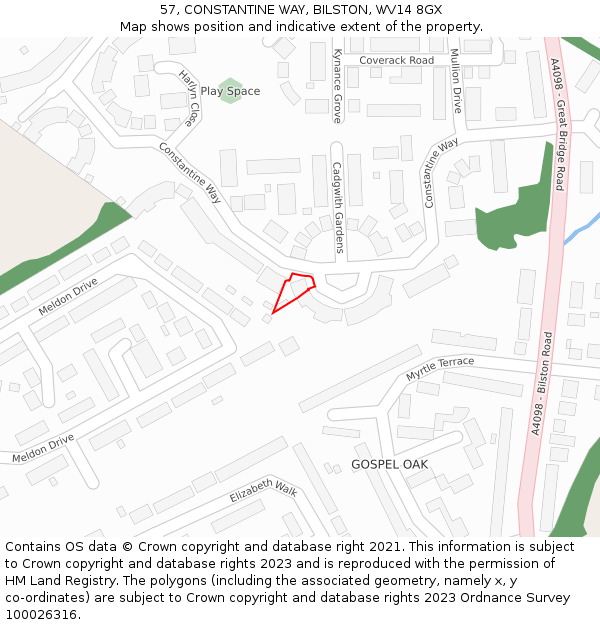 57, CONSTANTINE WAY, BILSTON, WV14 8GX: Location map and indicative extent of plot