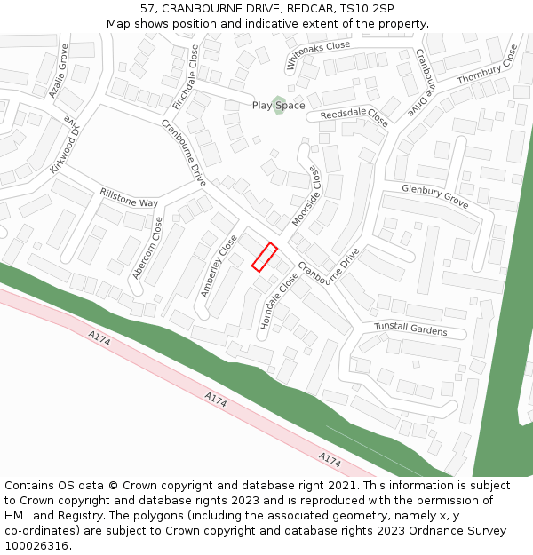 57, CRANBOURNE DRIVE, REDCAR, TS10 2SP: Location map and indicative extent of plot