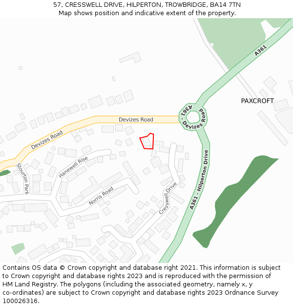 57, CRESSWELL DRIVE, HILPERTON, TROWBRIDGE, BA14 7TN: Location map and indicative extent of plot