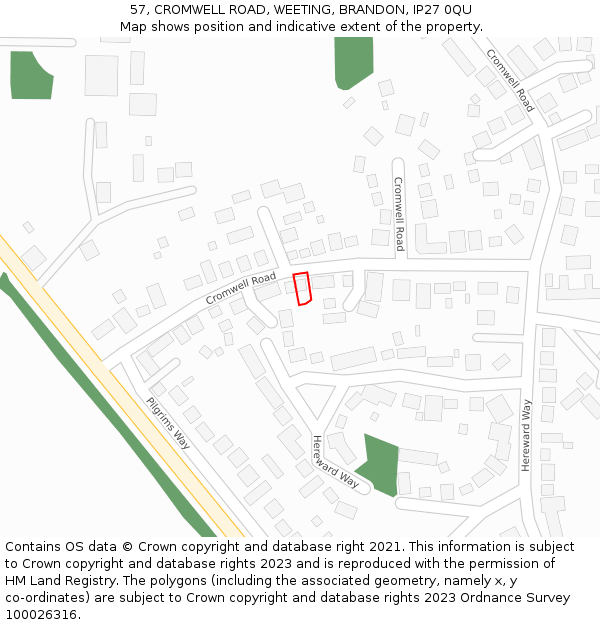 57, CROMWELL ROAD, WEETING, BRANDON, IP27 0QU: Location map and indicative extent of plot