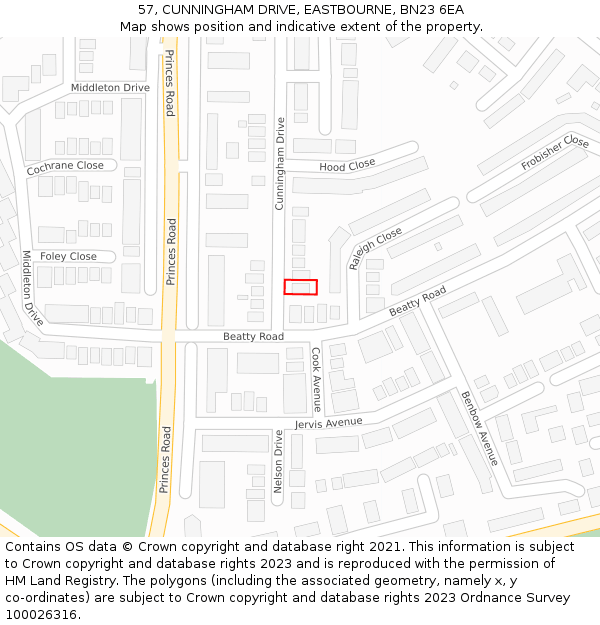 57, CUNNINGHAM DRIVE, EASTBOURNE, BN23 6EA: Location map and indicative extent of plot