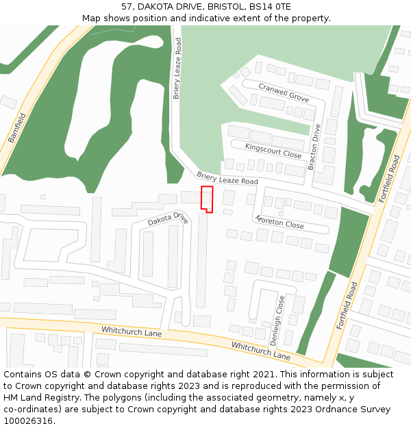 57, DAKOTA DRIVE, BRISTOL, BS14 0TE: Location map and indicative extent of plot