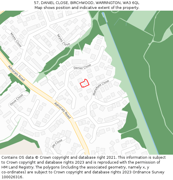 57, DANIEL CLOSE, BIRCHWOOD, WARRINGTON, WA3 6QL: Location map and indicative extent of plot