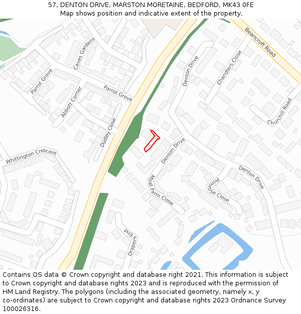 57, DENTON DRIVE, MARSTON MORETAINE, BEDFORD, MK43 0FE: Location map and indicative extent of plot
