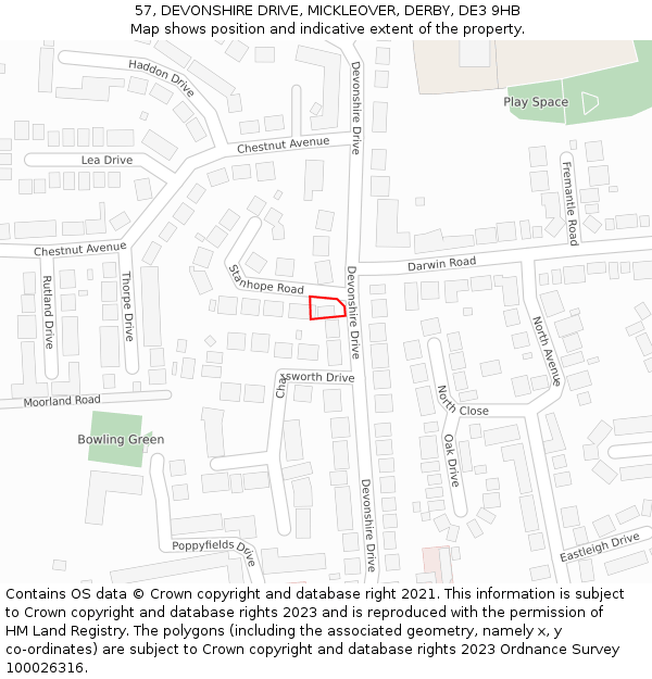 57, DEVONSHIRE DRIVE, MICKLEOVER, DERBY, DE3 9HB: Location map and indicative extent of plot