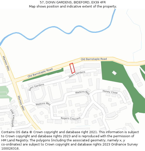 57, DONN GARDENS, BIDEFORD, EX39 4FR: Location map and indicative extent of plot