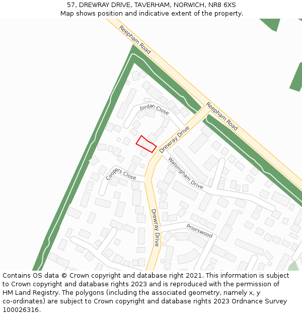 57, DREWRAY DRIVE, TAVERHAM, NORWICH, NR8 6XS: Location map and indicative extent of plot