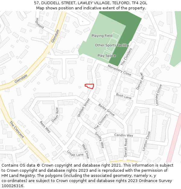 57, DUDDELL STREET, LAWLEY VILLAGE, TELFORD, TF4 2GL: Location map and indicative extent of plot