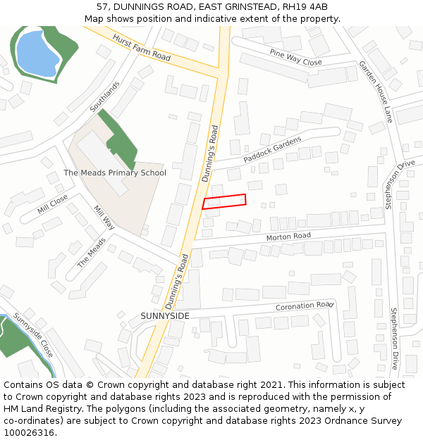 57, DUNNINGS ROAD, EAST GRINSTEAD, RH19 4AB: Location map and indicative extent of plot