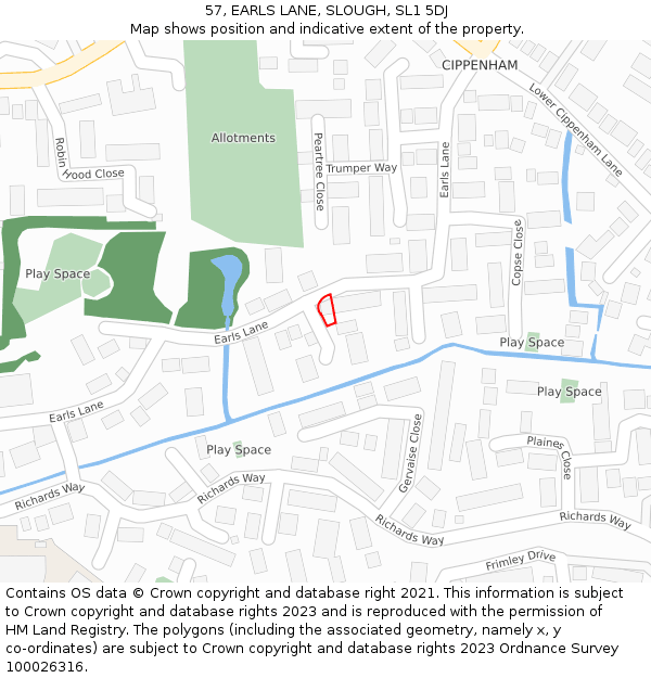 57, EARLS LANE, SLOUGH, SL1 5DJ: Location map and indicative extent of plot
