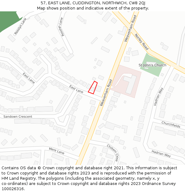 57, EAST LANE, CUDDINGTON, NORTHWICH, CW8 2QJ: Location map and indicative extent of plot