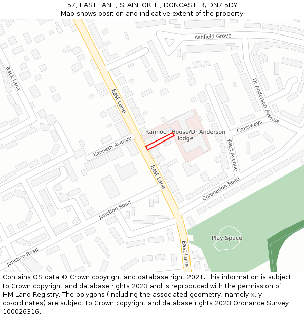 57, EAST LANE, STAINFORTH, DONCASTER, DN7 5DY: Location map and indicative extent of plot