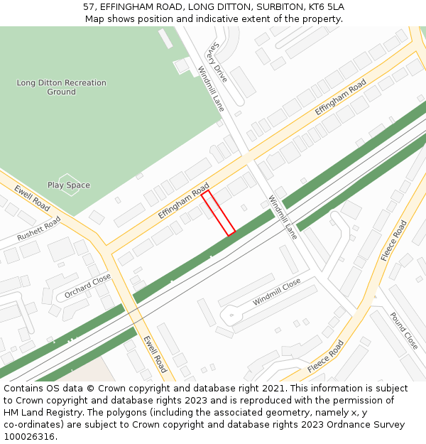 57, EFFINGHAM ROAD, LONG DITTON, SURBITON, KT6 5LA: Location map and indicative extent of plot