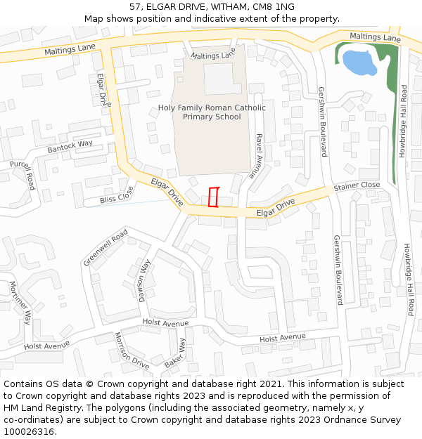 57, ELGAR DRIVE, WITHAM, CM8 1NG: Location map and indicative extent of plot