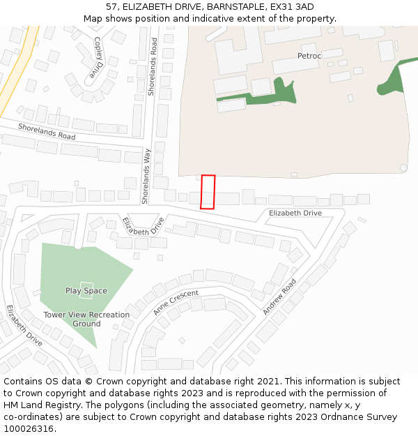 57, ELIZABETH DRIVE, BARNSTAPLE, EX31 3AD: Location map and indicative extent of plot