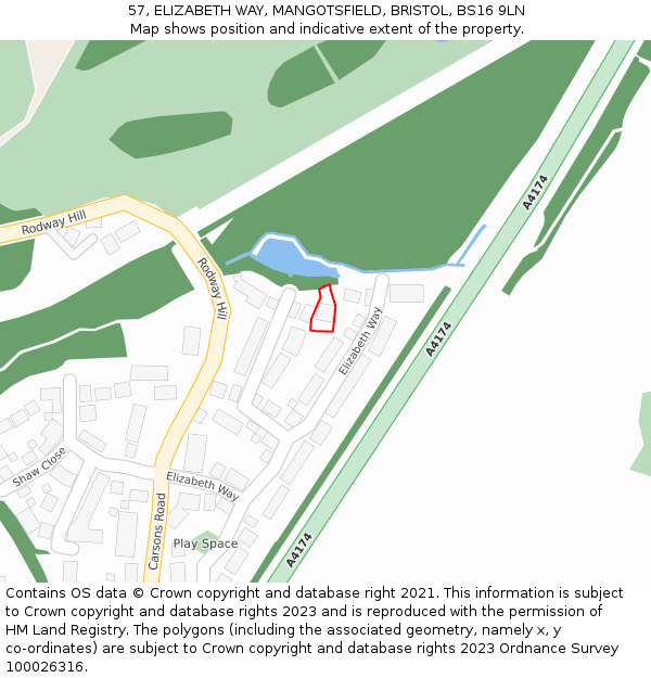 57, ELIZABETH WAY, MANGOTSFIELD, BRISTOL, BS16 9LN: Location map and indicative extent of plot