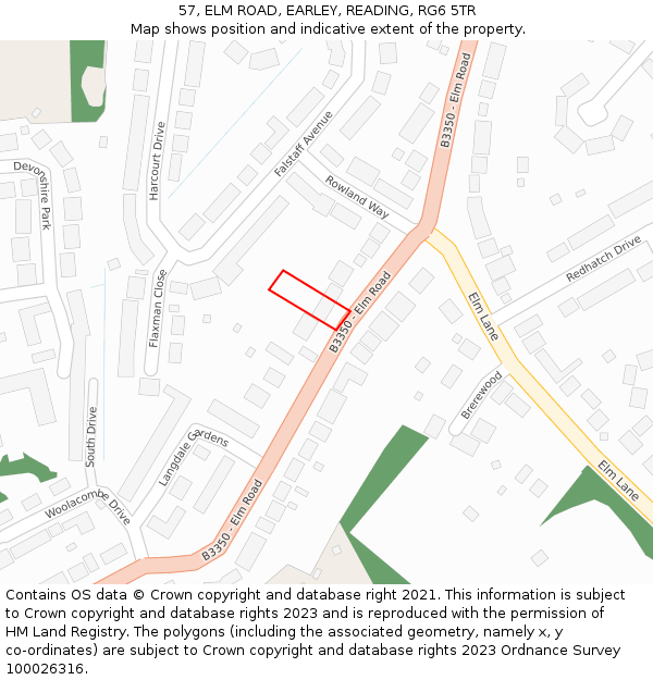 57, ELM ROAD, EARLEY, READING, RG6 5TR: Location map and indicative extent of plot