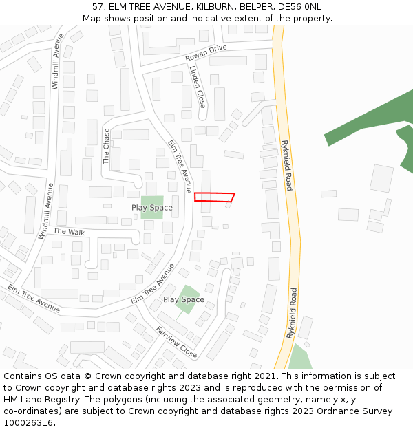 57, ELM TREE AVENUE, KILBURN, BELPER, DE56 0NL: Location map and indicative extent of plot