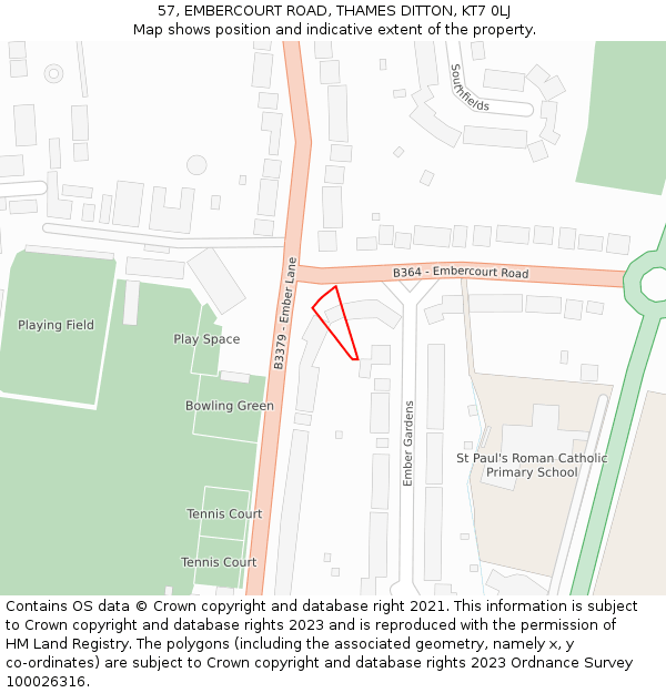 57, EMBERCOURT ROAD, THAMES DITTON, KT7 0LJ: Location map and indicative extent of plot