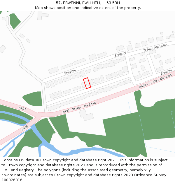 57, ERWENNI, PWLLHELI, LL53 5RH: Location map and indicative extent of plot