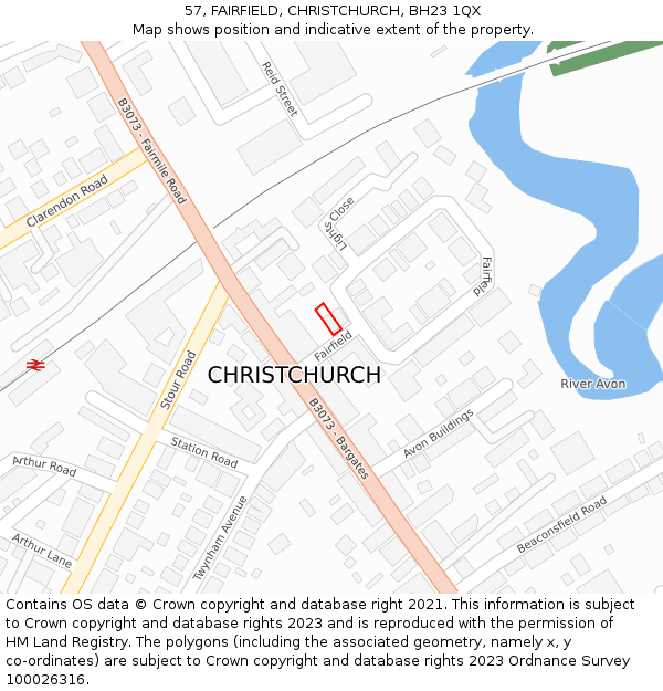 57, FAIRFIELD, CHRISTCHURCH, BH23 1QX: Location map and indicative extent of plot
