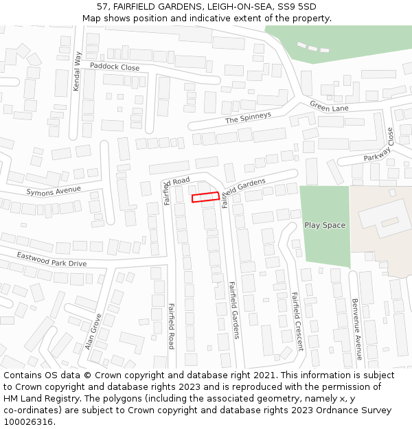 57, FAIRFIELD GARDENS, LEIGH-ON-SEA, SS9 5SD: Location map and indicative extent of plot