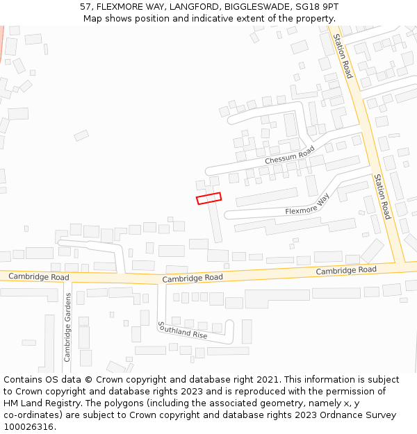 57, FLEXMORE WAY, LANGFORD, BIGGLESWADE, SG18 9PT: Location map and indicative extent of plot