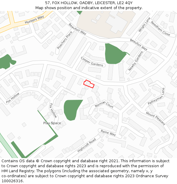 57, FOX HOLLOW, OADBY, LEICESTER, LE2 4QY: Location map and indicative extent of plot