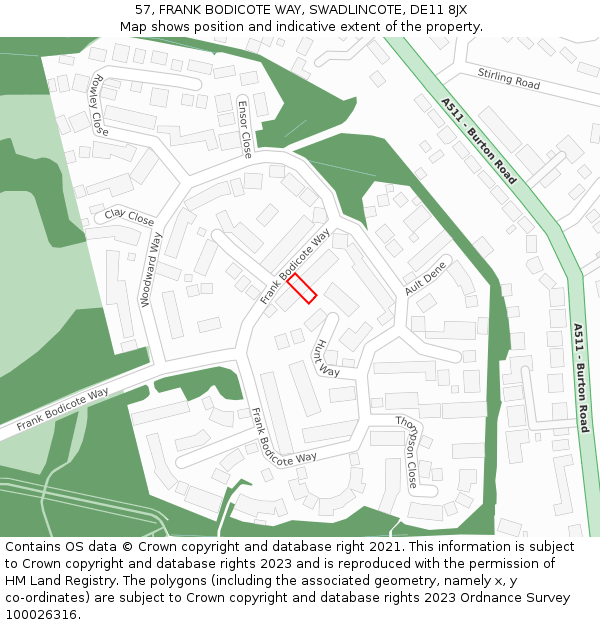 57, FRANK BODICOTE WAY, SWADLINCOTE, DE11 8JX: Location map and indicative extent of plot